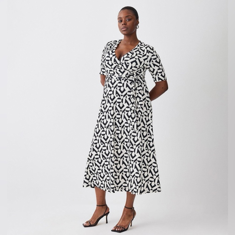Karen Millen | Half Sleeve Geometric Printed Jersey Wrap Midi Dress Sz 8 | NWT - Picture 4 of 12